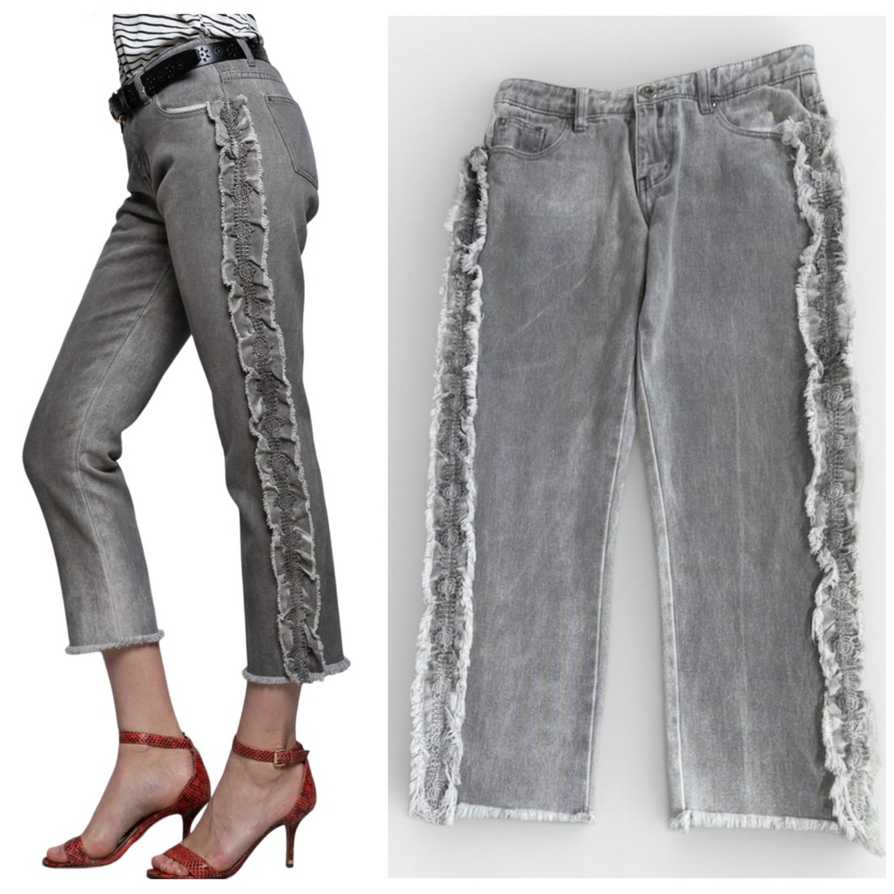 POL Jeans Small (28x24.5) Gray Lace Ruffle Trim Frayed Raw Hem Cropped Straight